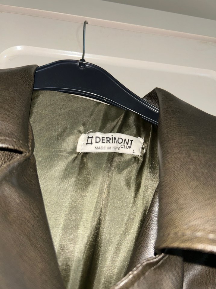 Kemerli koyu yeşil Deri Biker Ceket - Görsel 4