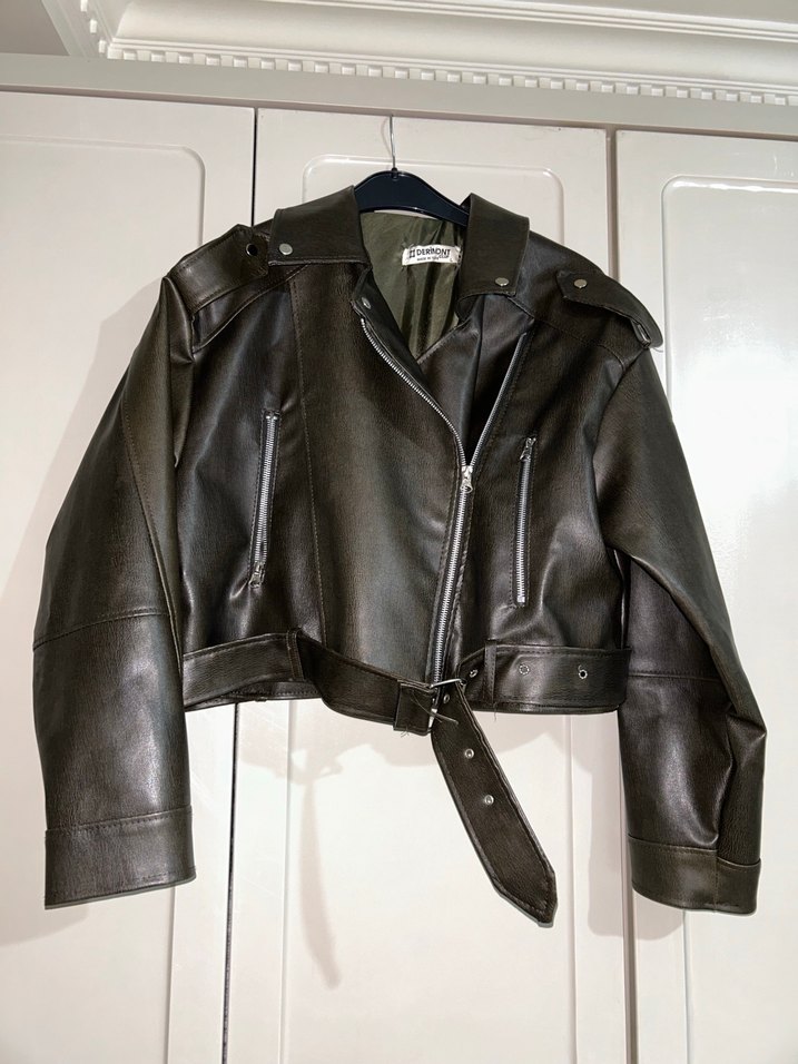Kemerli koyu yeşil Deri Biker Ceket - Görsel 2