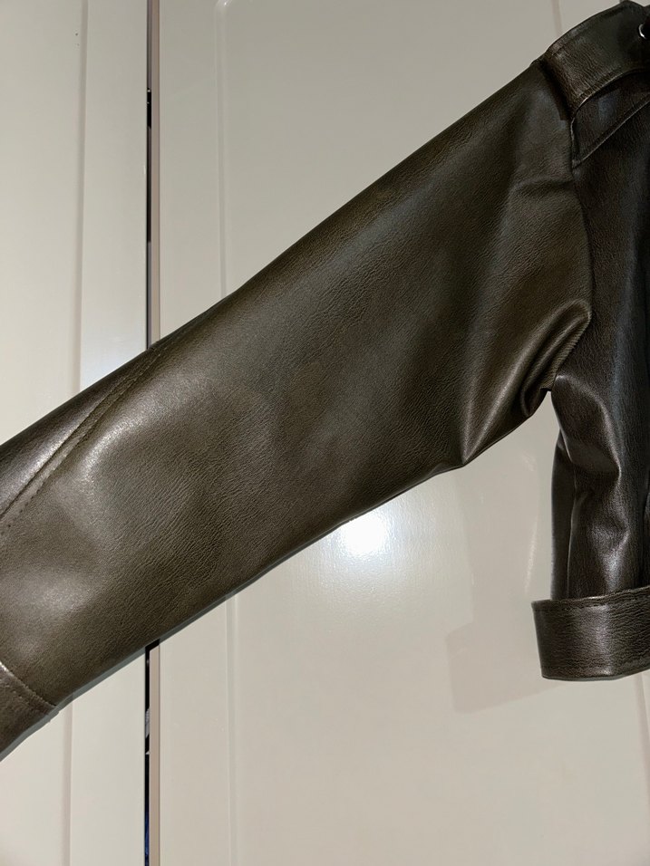 Kemerli koyu yeşil Deri Biker Ceket - Görsel 3