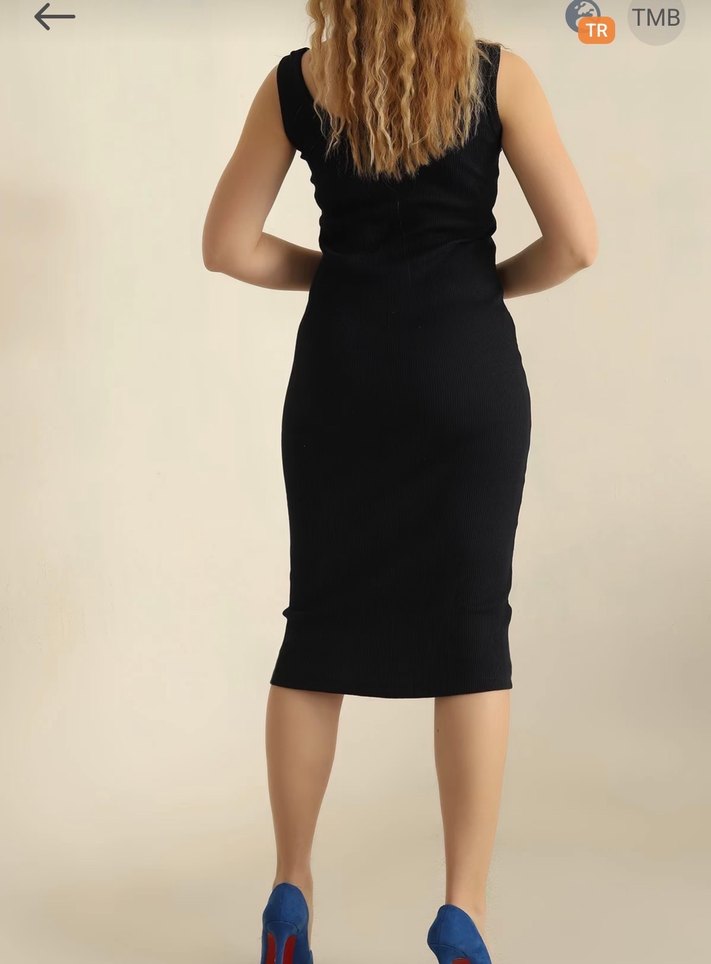 Lacivert V Yakalı Midi Kalem Elbise - Görsel 3