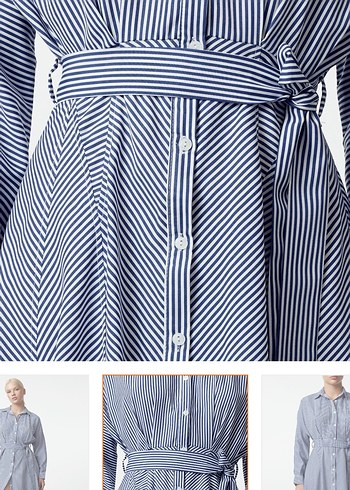 Çizgili Mavi Denim Uzun Elbise - Görsel 3