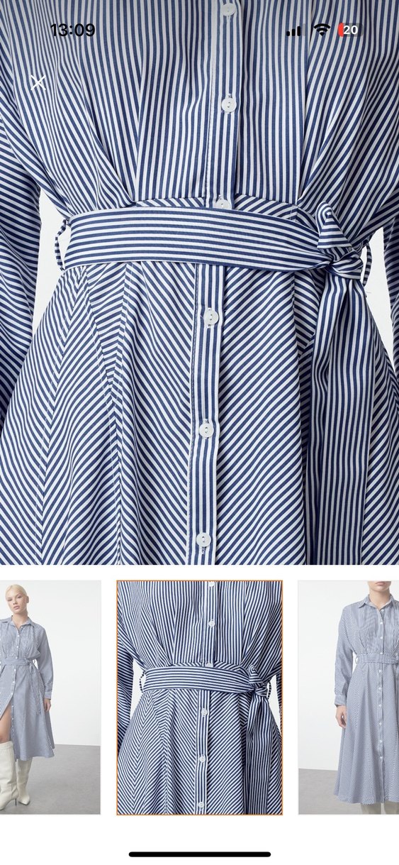 Çizgili Mavi Denim Uzun Elbise - Görsel 3