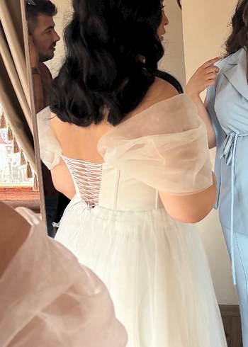 Midi boy 3d çiçekli beyaz gece elbisesi gelinlik - Görsel 2