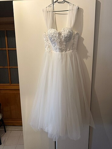 Midi boy 3d çiçekli beyaz gece elbisesi gelinlik - Görsel 3