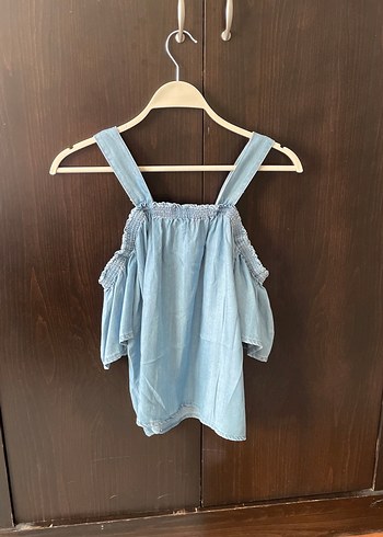 Kadın Bej Denim Mini Bluz, Kayık Yaka, Fırfırlı - Görsel 2