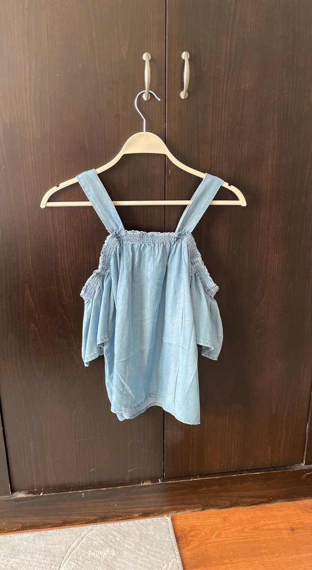 Kadın Bej Denim Mini Bluz, Kayık Yaka, Fırfırlı - Görsel 2