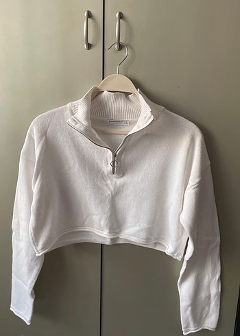 Yarım Fermuarlı Beyaz Kısa Sweatshirt - Görsel 2