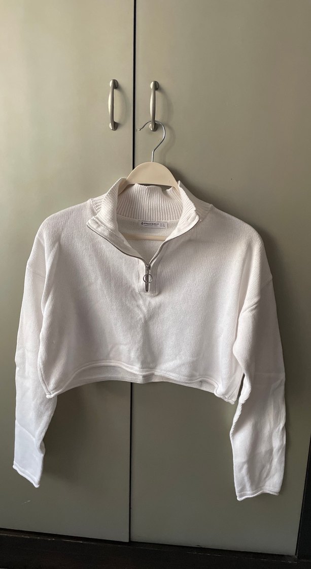 Yarım Fermuarlı Beyaz Kısa Sweatshirt - Görsel 2