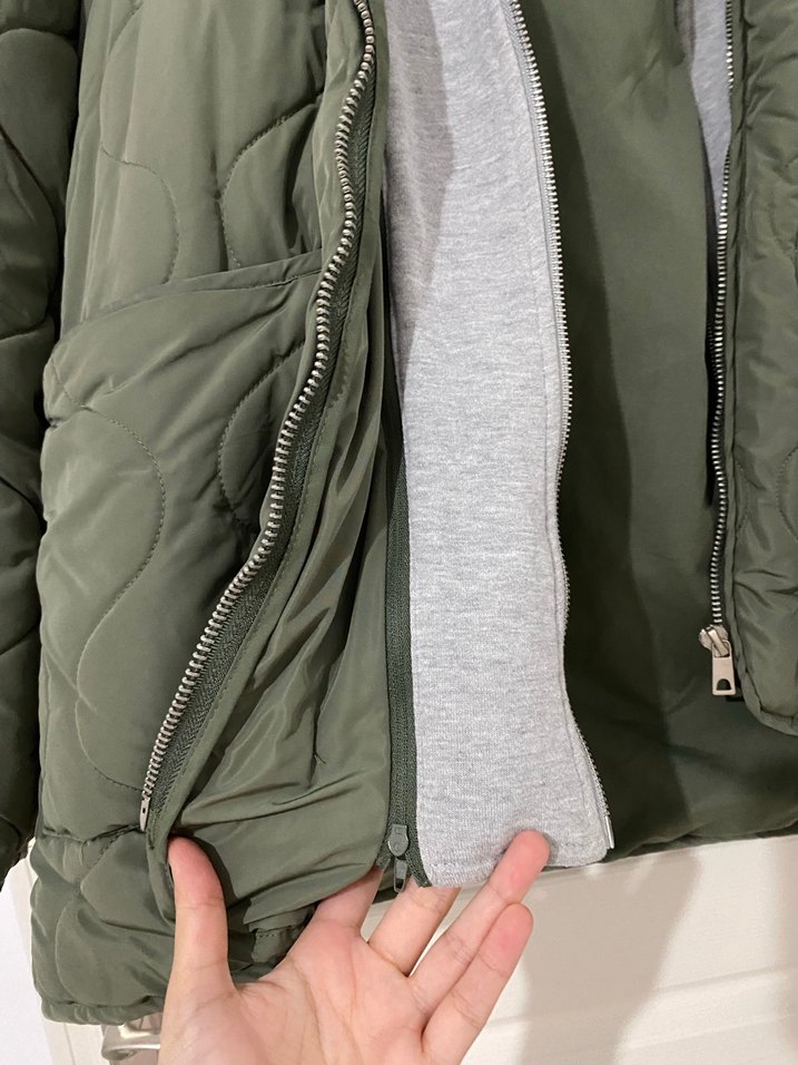 Pull&bear Gri Kapüşonlu Fermuarlı Rahat Kadın Mont - Görsel 4