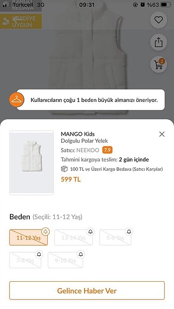 13-14 Yaş Beden Mango kids şişme yelek