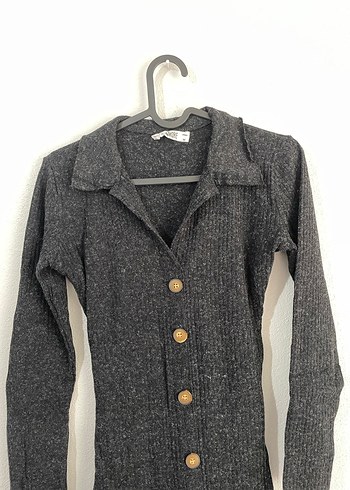 Düğmeli Gri Uzun  Elbise - Görsel 3