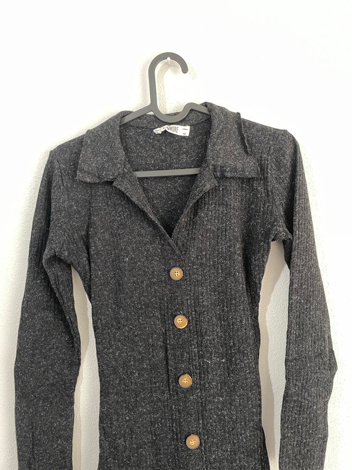 Düğmeli Gri Uzun  Elbise - Görsel 3