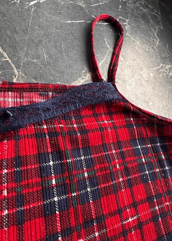 Kırmızı Ekose Mini İp Askılı pamuklu Kadın Pijama Takımı - Görsel 4