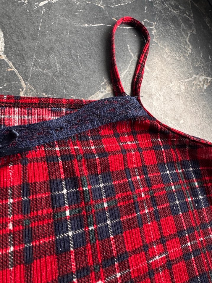 Kırmızı Ekose Mini İp Askılı pamuklu Kadın Pijama Takımı - Görsel 4