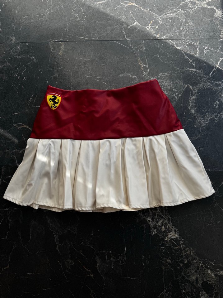 Bordo Beyaz Motorcu Ferrari Pilili Mini Etek - Görsel 5