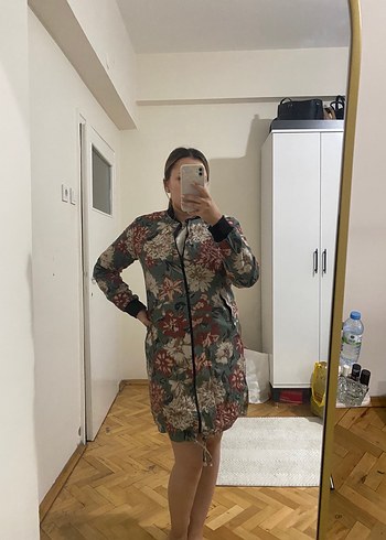 s Beden gri Renk Gri Kamuflaj Kadın Midi Kapüşonlu Kaban
