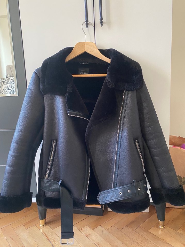 Kürk Detaylı Siyah Deri Kadın Biker Ceket - Görsel 5