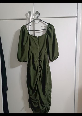 V Yaka Drapeli Haki Midi Elbise - Görsel 3