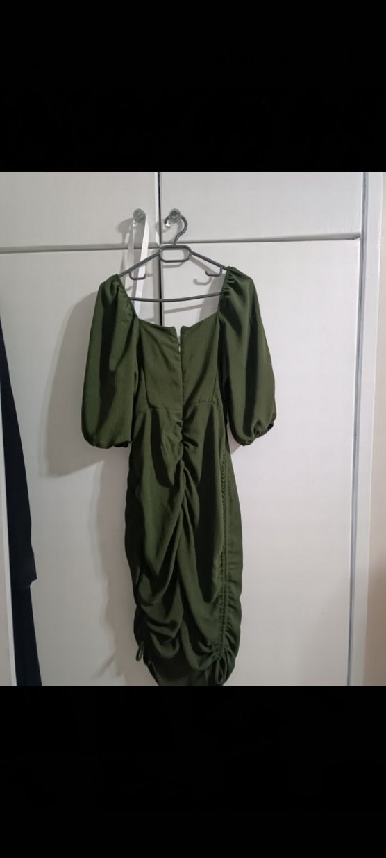 V Yaka Drapeli Haki Midi Elbise - Görsel 3