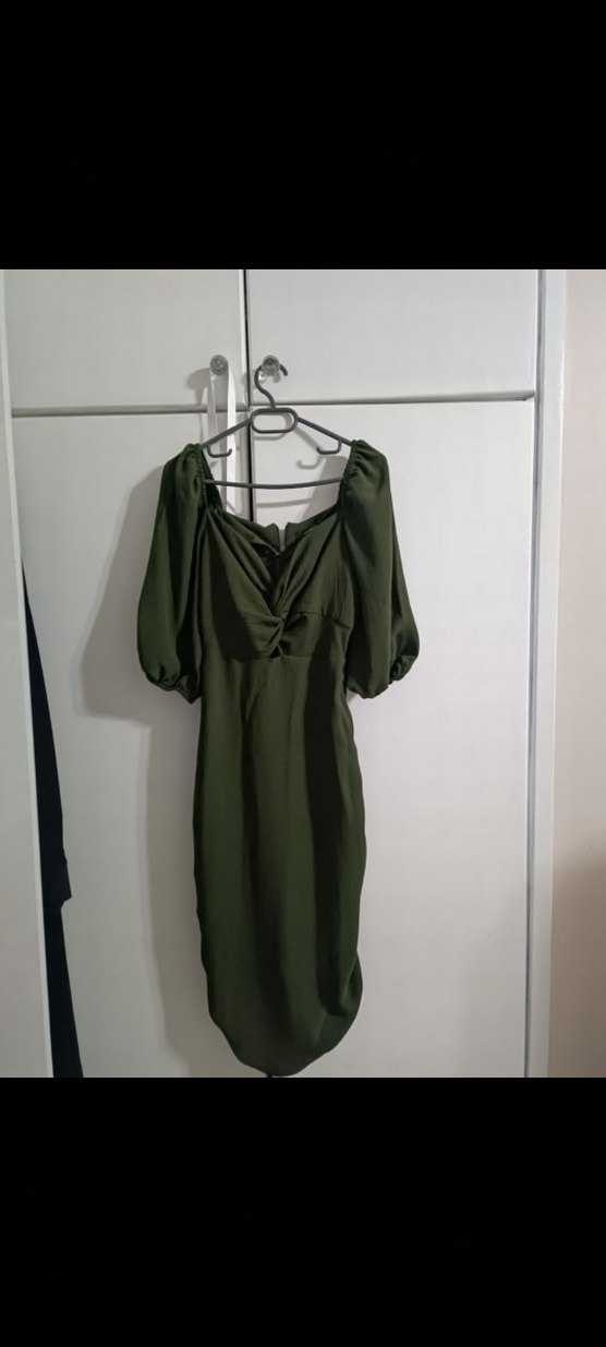 V Yaka Drapeli Haki Midi Elbise - Görsel 2