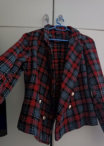 Düğmeli Kırmızı Ekose Kadın Blazer Ceket - Görsel 2