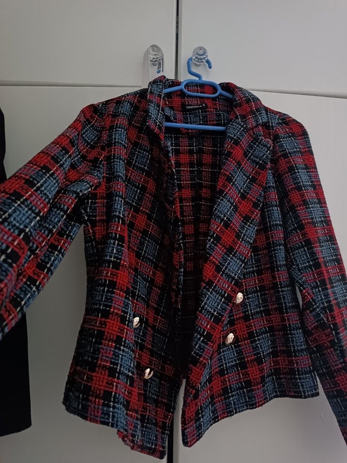 Düğmeli Kırmızı Ekose Kadın Blazer Ceket - Görsel 2