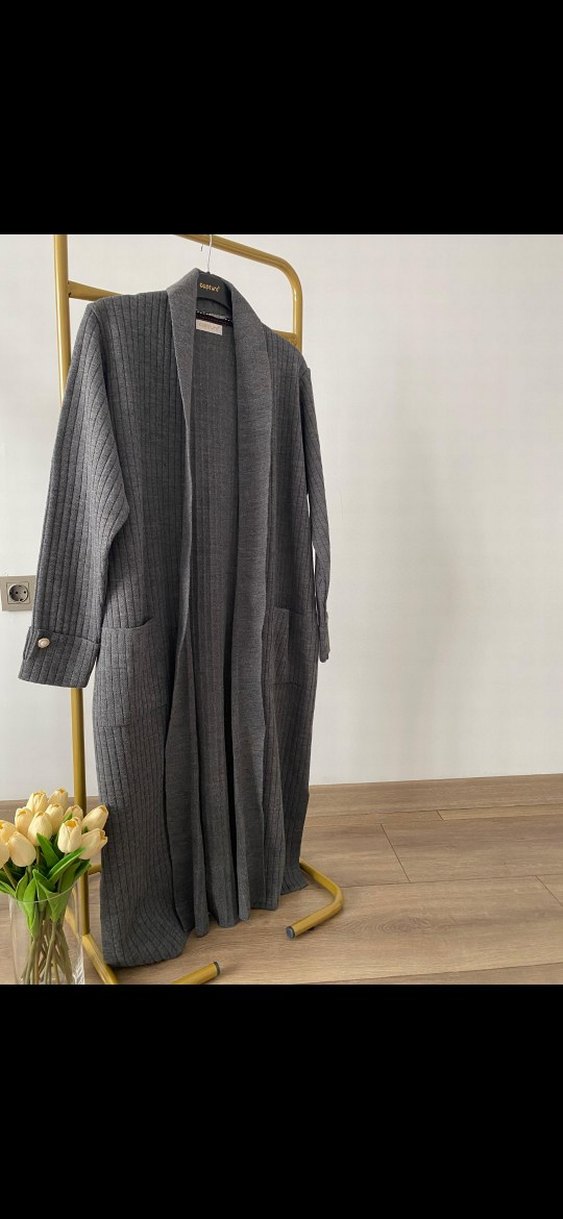 Gri Uzun Örgü Kadın Hırka - Görsel 5