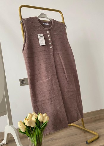 Uzun Kahverengi Kadın yelek - Görsel 3