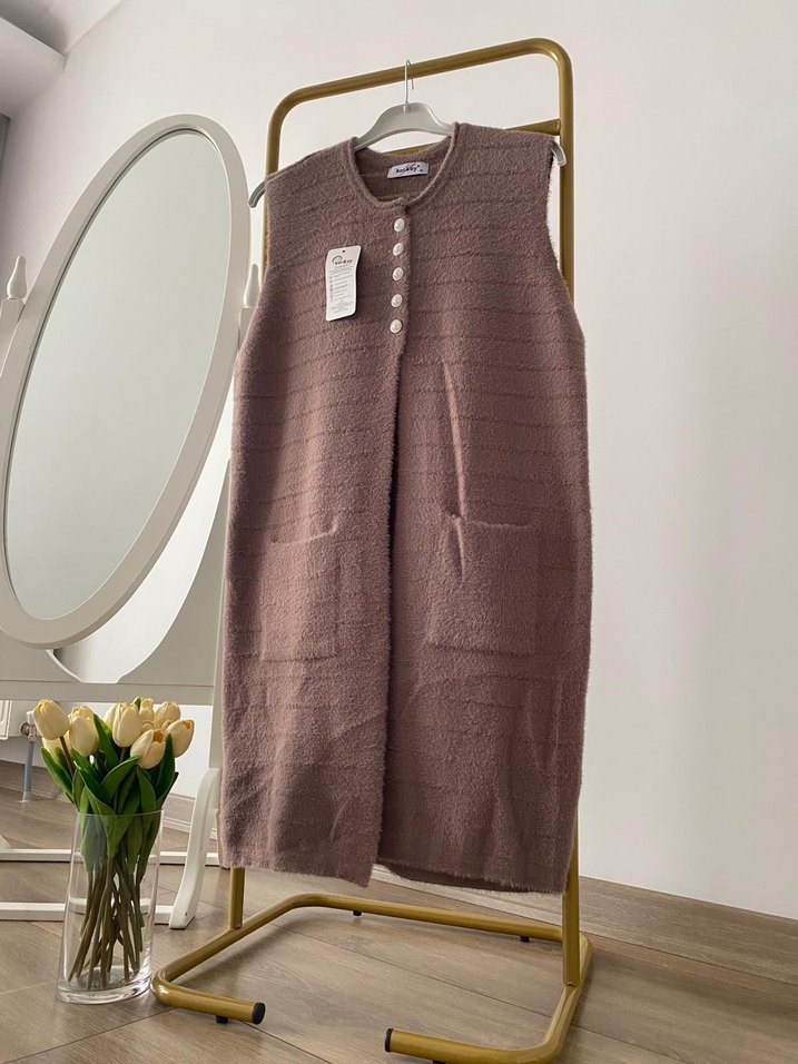 Uzun Kahverengi Kadın yelek - Görsel 4