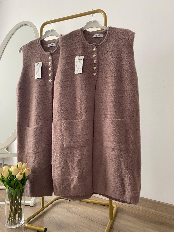 Uzun Kahverengi Kadın yelek - Görsel 2