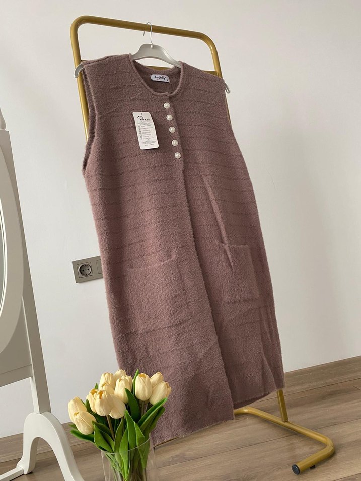 Uzun Kahverengi Kadın yelek - Görsel 3