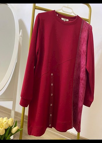 Bordo Uzun Kollu Düğmeli Kadın Tunik - Görsel 2