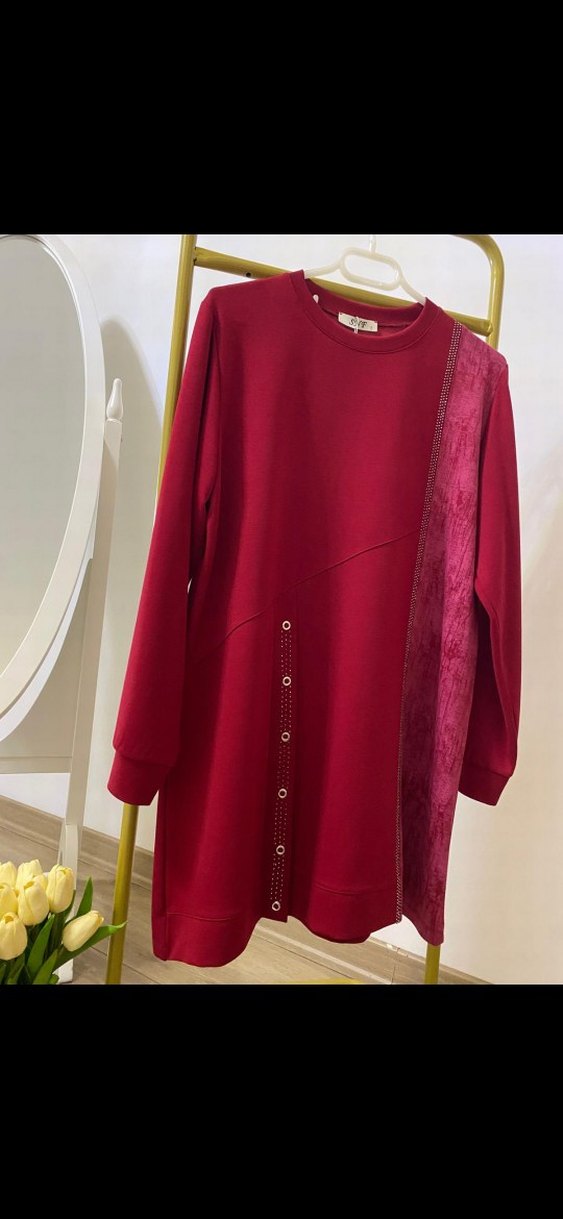 Bordo Uzun Kollu Düğmeli Kadın Tunik - Görsel 2