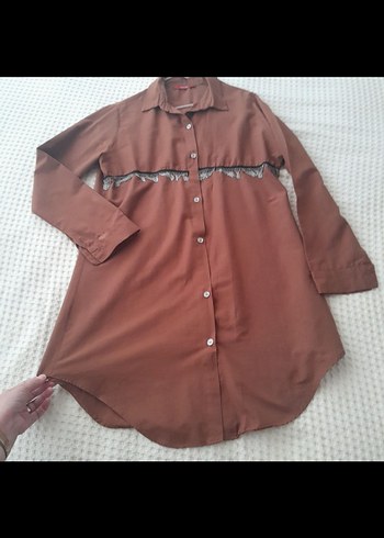 Uzun Kollu Düğmeli Kahverengi Tunik - Görsel 2