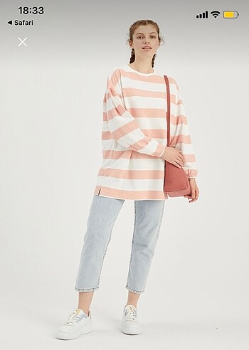 Manuka pembe çizgili sweatshirt tunik