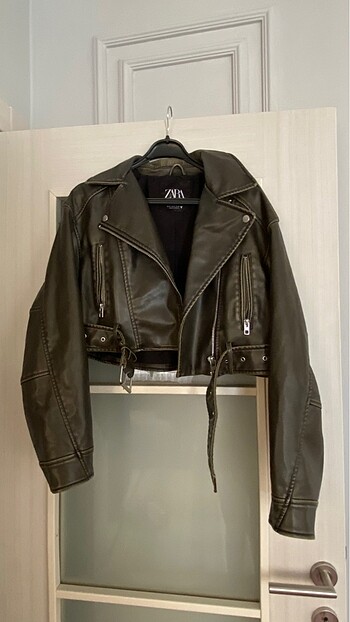 Zara biker vintage haki yeşil deri ceket S beden