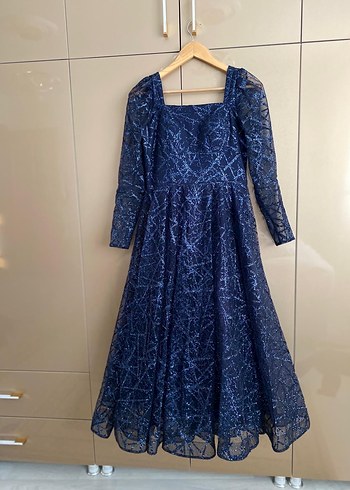 Uzun Lacivert Drapeli Kadın Elbise - Görsel 3