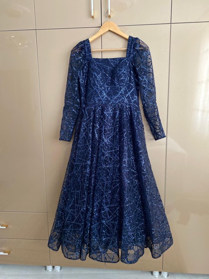 Uzun Lacivert Drapeli Kadın Elbise - Görsel 2