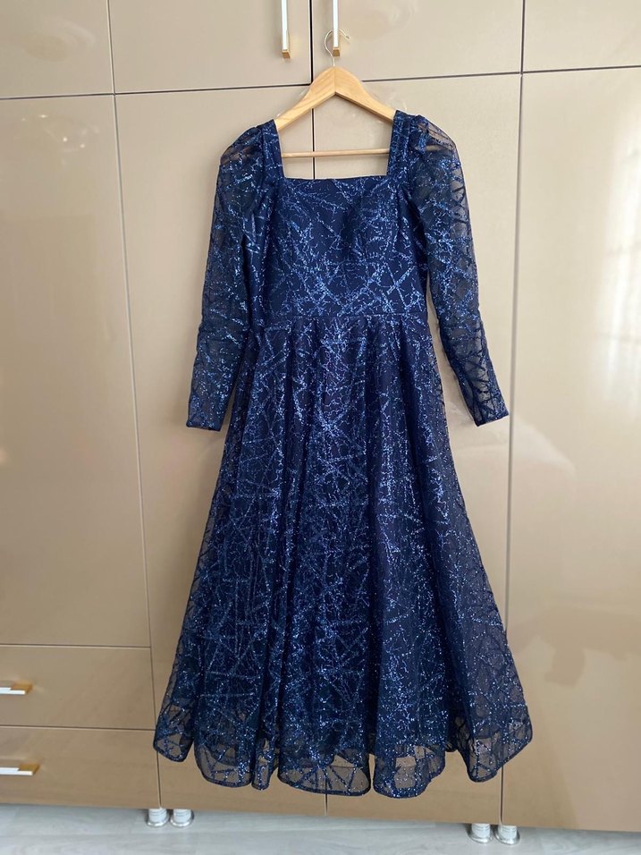 Uzun Lacivert Drapeli Kadın Elbise - Görsel 5