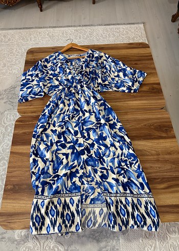 Mavi Batik Desenli Uzun Bohem Elbise