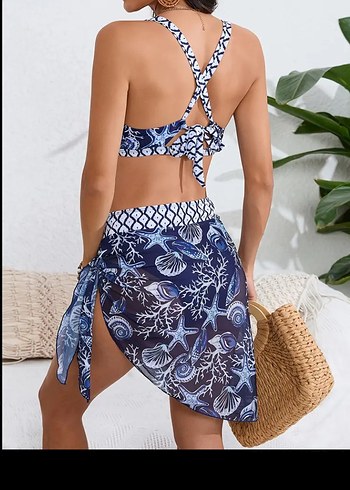 xl Beden Mavi Etekli Bohem Bikini Takımı XL Beden