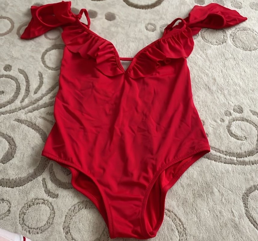 Kırmızı Fırfırlı İnce Askılı Kadın Mayo - Görsel 2