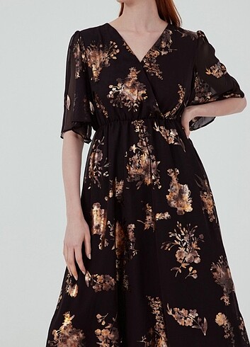 Siyah, desenli şifon elbise - Görsel 8