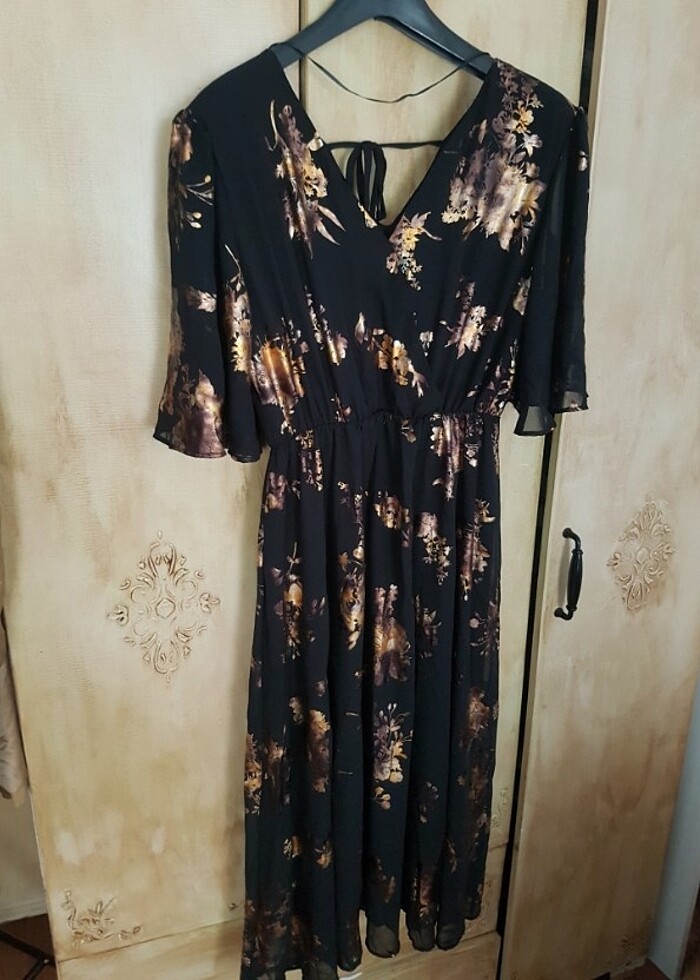 Siyah, desenli şifon elbise - Görsel 2