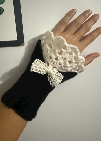 Siyah Beyaz El Örgüsü Eldiven - Görsel 3