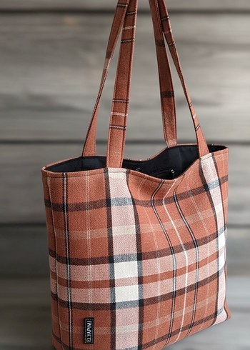 Kahverengi ekoseli tote bag - Görsel 2