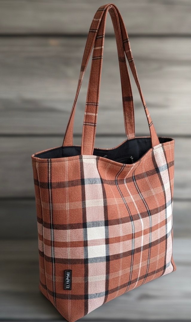 Kahverengi ekoseli tote bag - Görsel 2