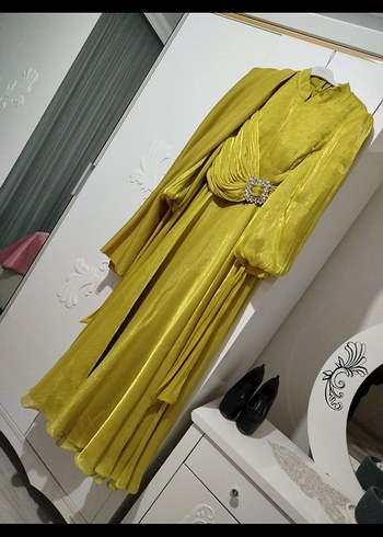 Sarı Uzun Drapeli tesettür Abiye Elbise - Görsel 2