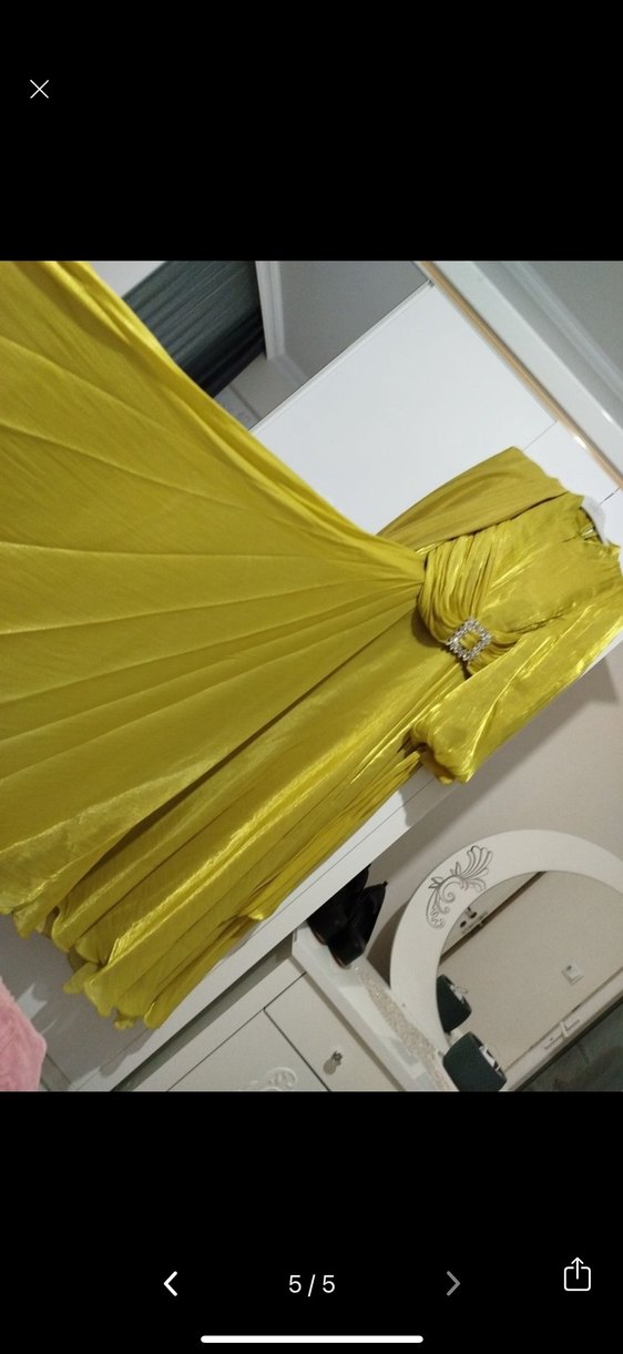 Sarı Uzun Drapeli tesettür Abiye Elbise - Görsel 3