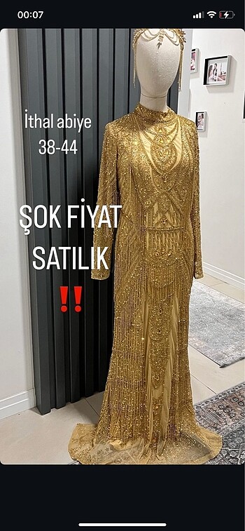 İthal boncuk işlemeli gold after abiye